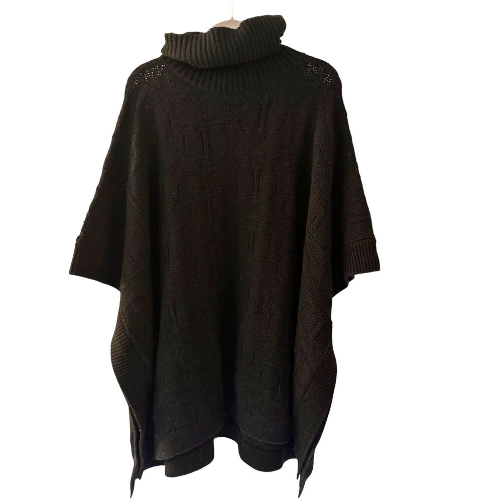 COACH Black Heavy Wool Blend Mock Neck Sig Knit Long Poncho Size M/L NWT‎